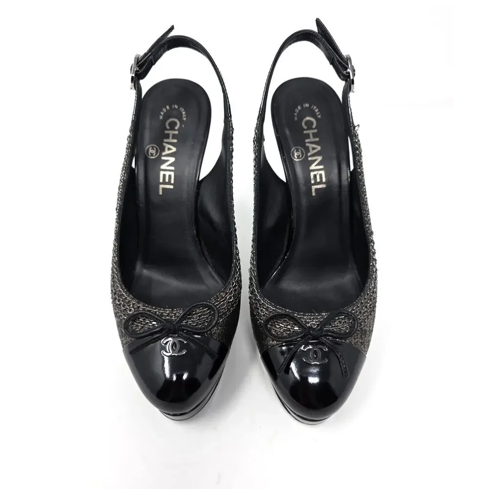 Chanel Slingback Platform Vintage Heels Cap Toe CC Logo Bow Chain Black 36.5 6